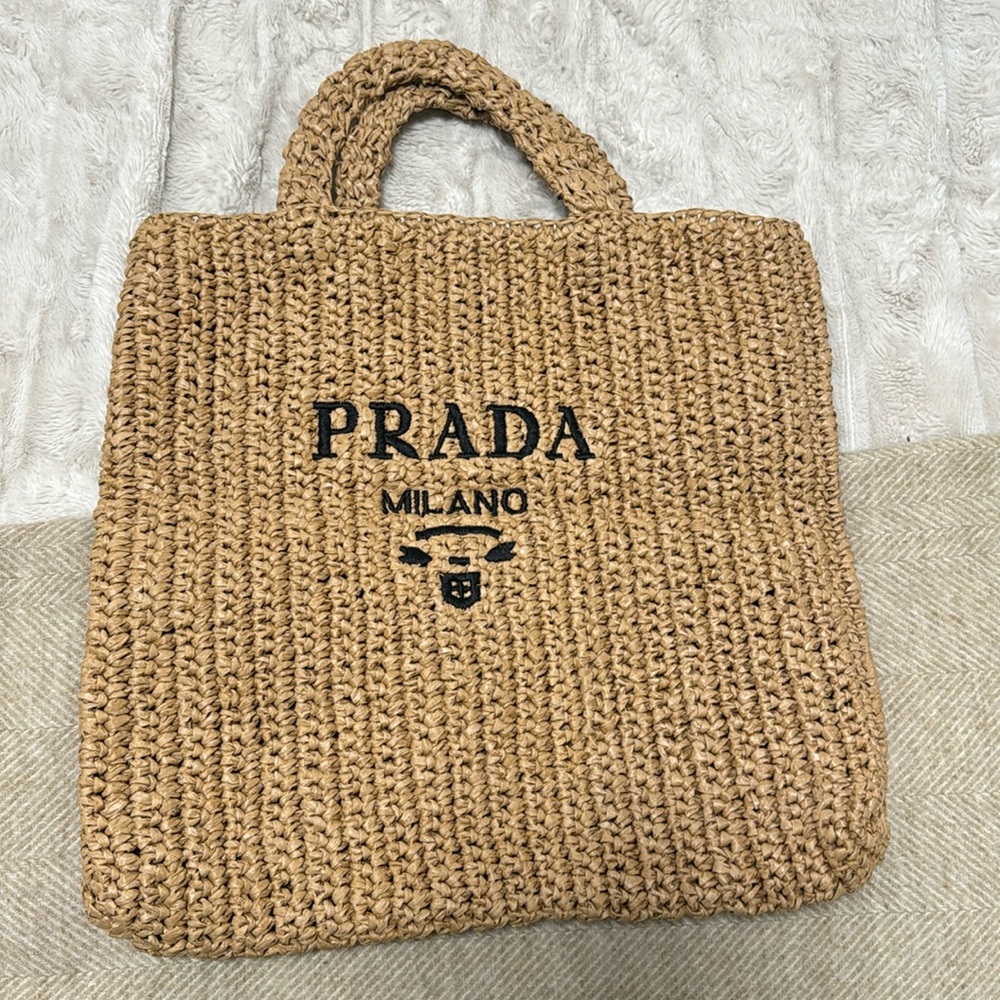 Prada Natural Raffia Tote with Black Logo
